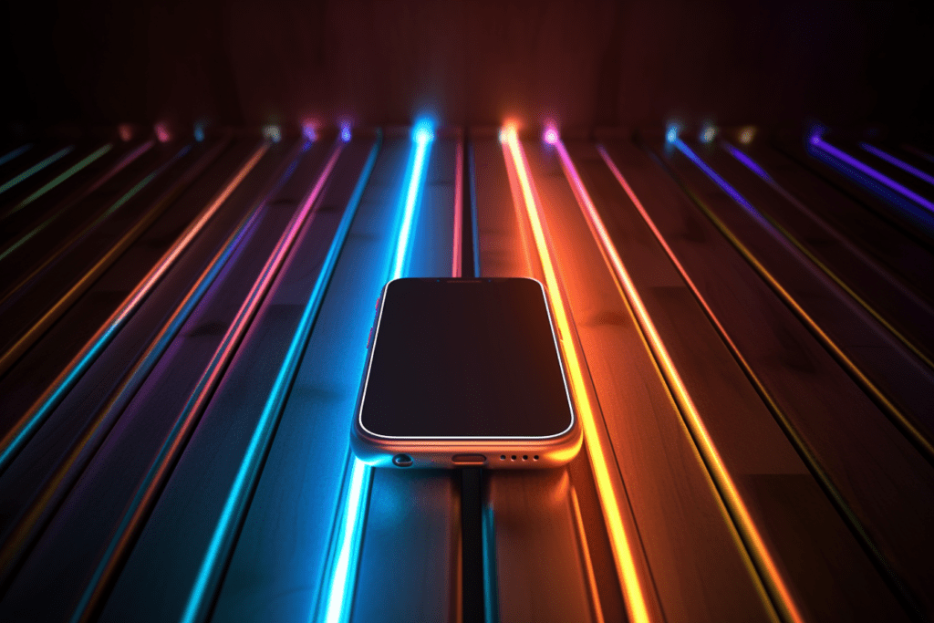 Mobiel die ligt op neon verlichtinging